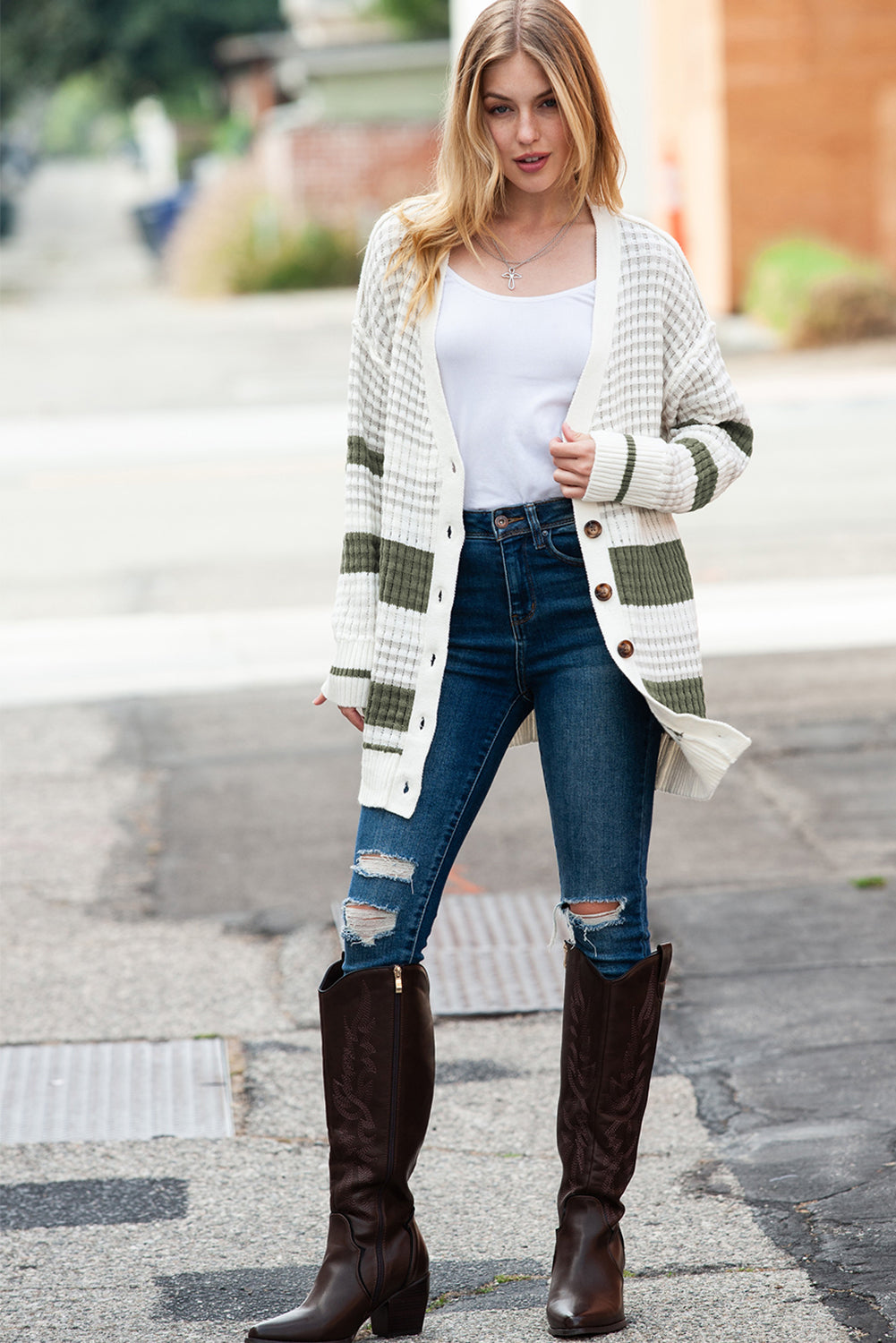 Black Striped Textured Knit Buttoned Cardigan