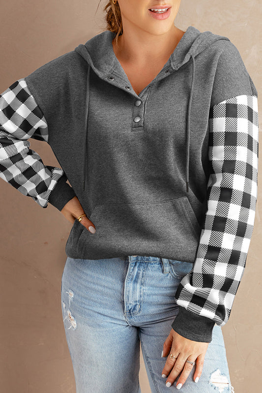 Grey Plaid Casual Snap Button Pullover Hoodie With Pocket