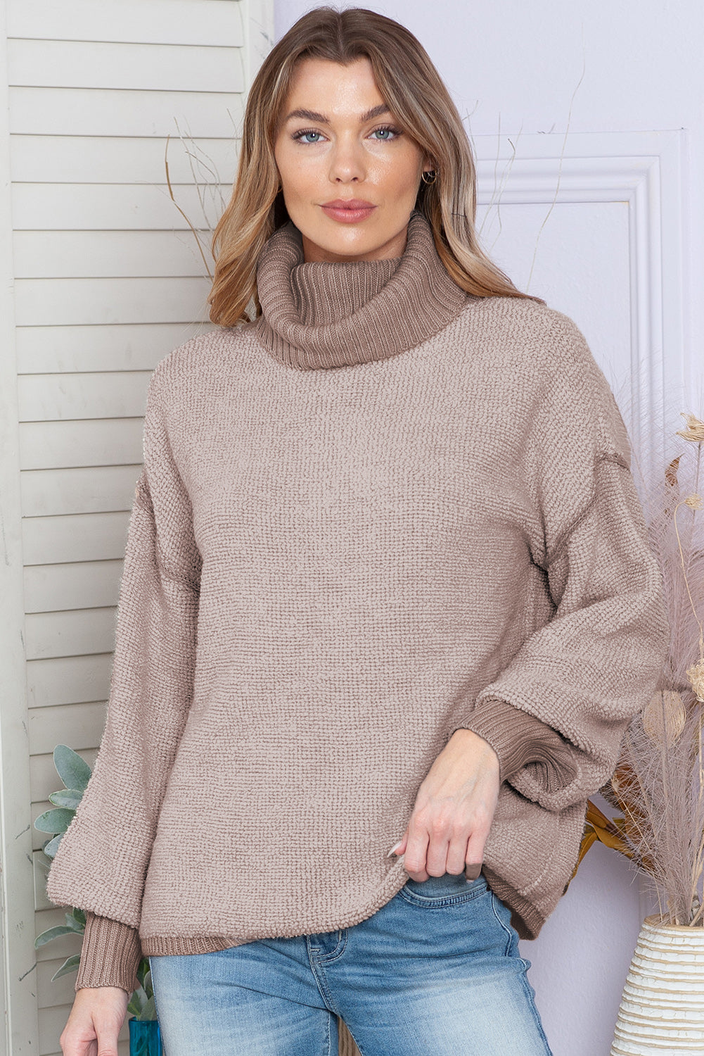 Khaki Pullover Drop Shoulder Chunky Turtleneck Sweater