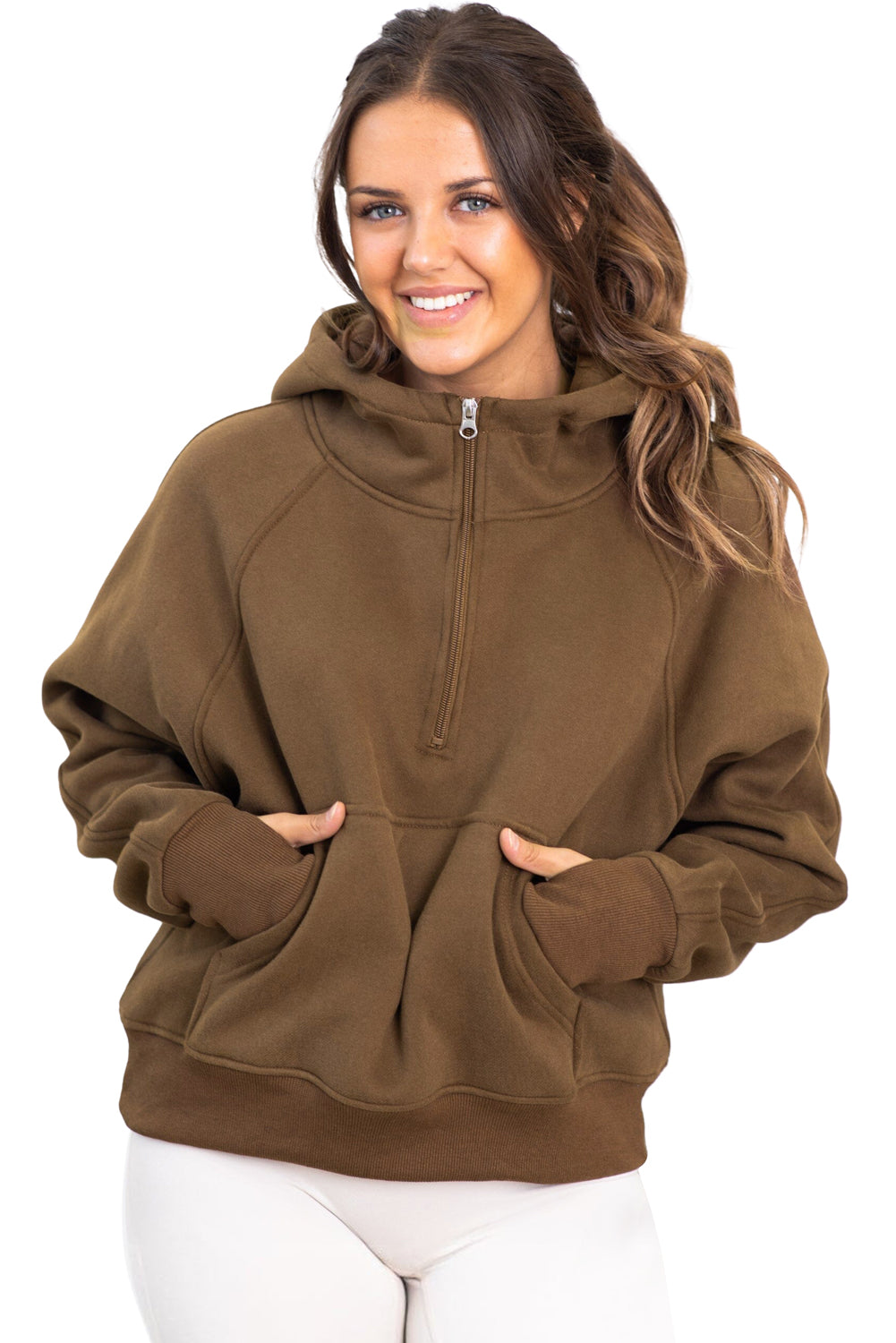 Coffee Kangaroo Pocket Half Zipper Loose Fit Hoodie