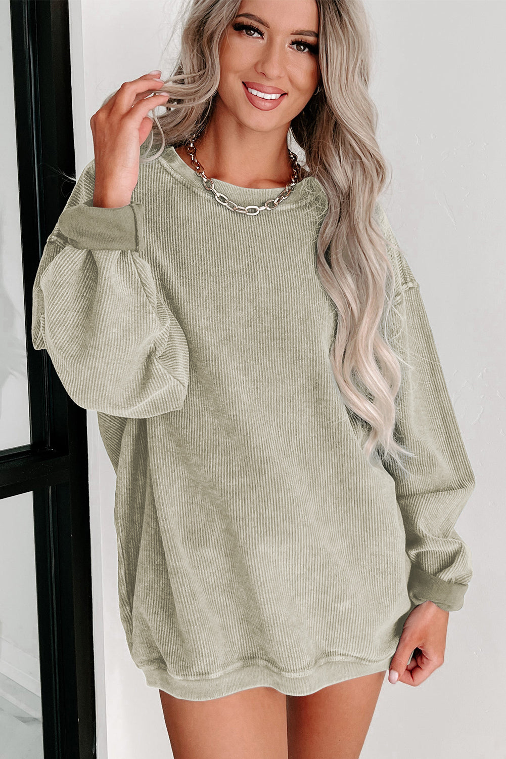 Green Ribbed Round Neck Drop Sleeve Pullover Sweatshirt