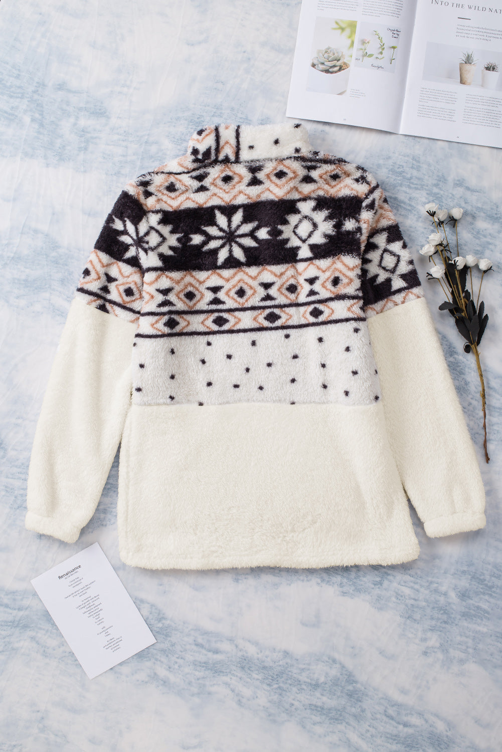 White Geometric Print Zip Neck Pocket Fluffy Fleece Sweatshirt