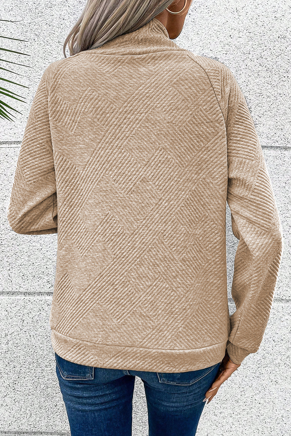 Black Solid Color Button Detail Textured Sweatshirt