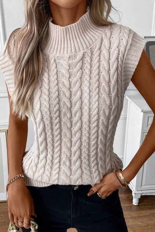 Oatmeal Ribbed Trim High Neck Cable Knit Sweater Vest