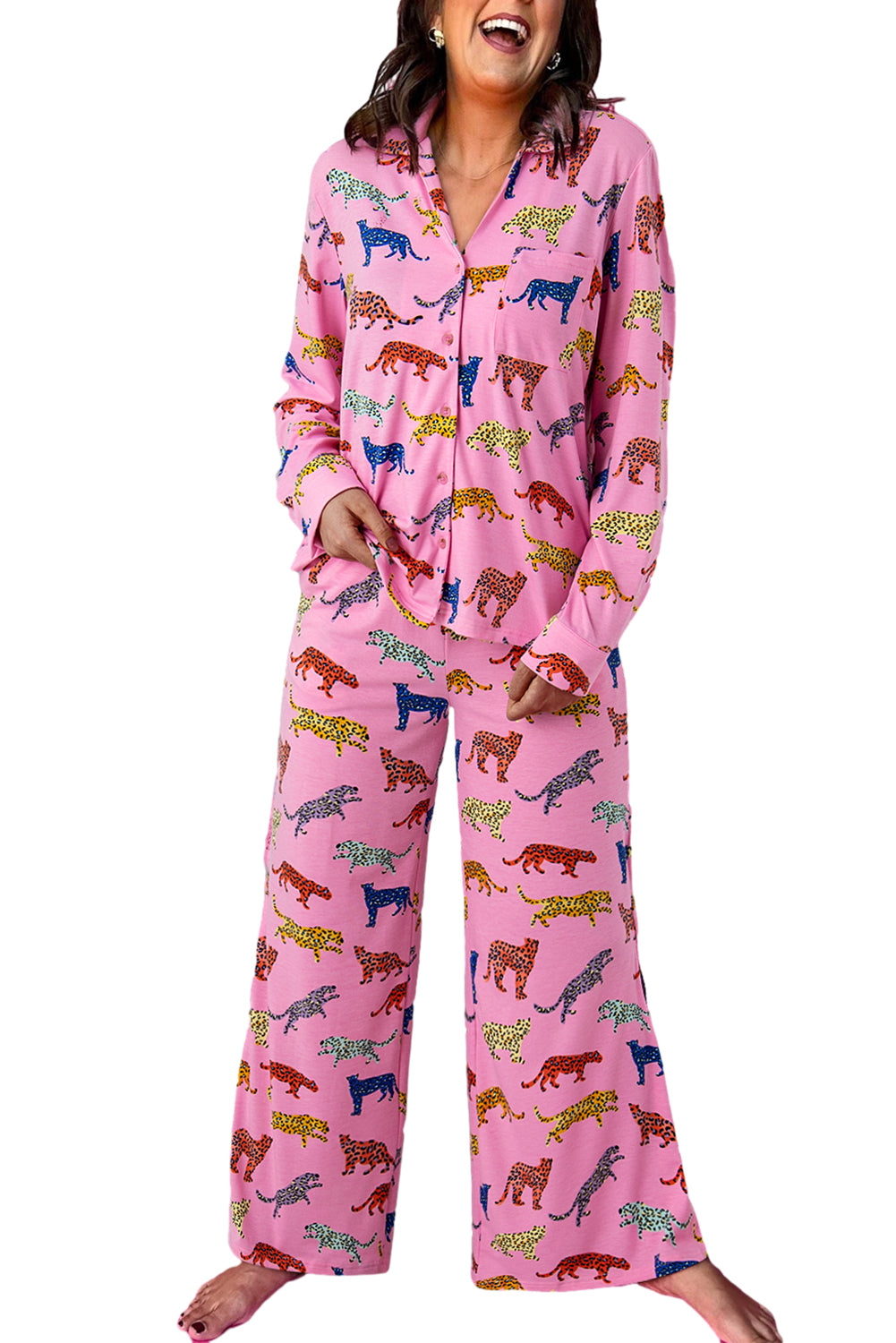 Pink Cheetah Print Shirt and Wide Leg Pants Pajama Set