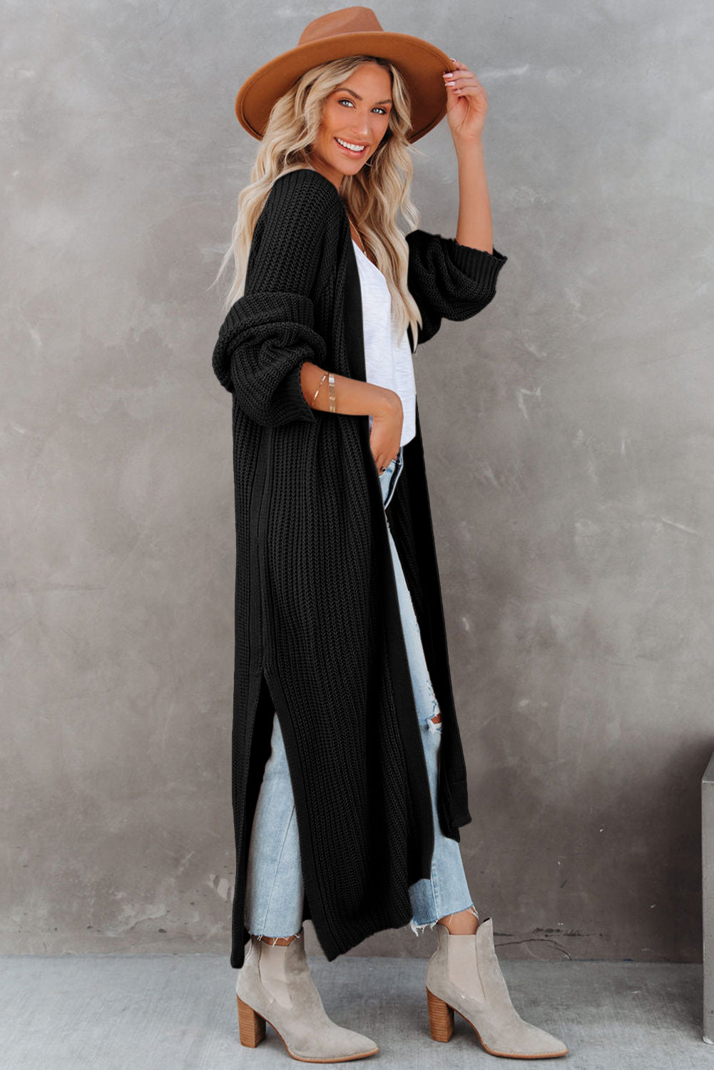 Black Cable Knit Side Slits Open Front Duster Cardigan