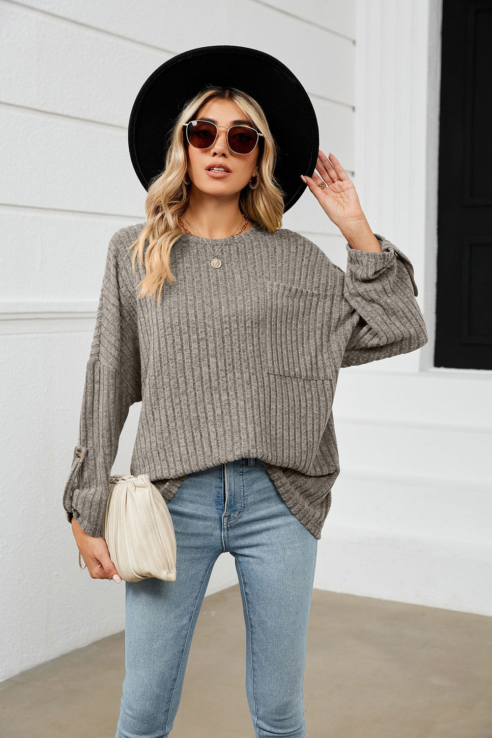 Taupe Ribbed Knit Oversized Pocketed Long Sleeve Top