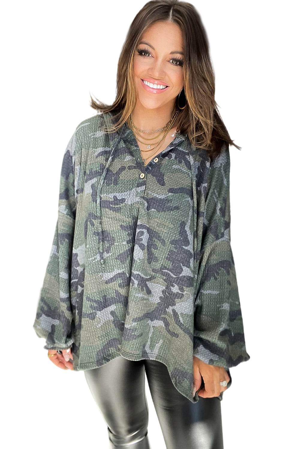 Green Camo Print Button Front Oversize Hoodie