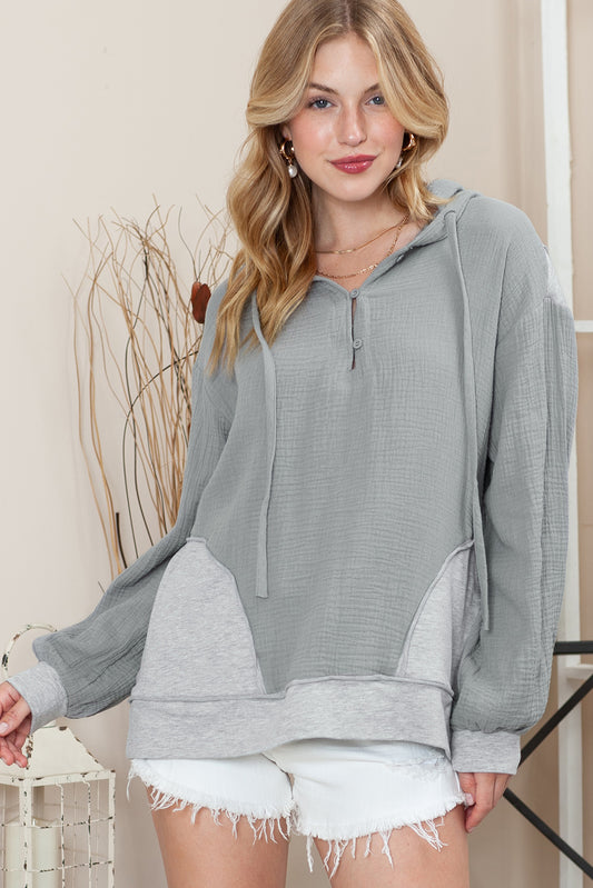 Grey Solid Color Buttoned Pullover Hoodie with Drawstring