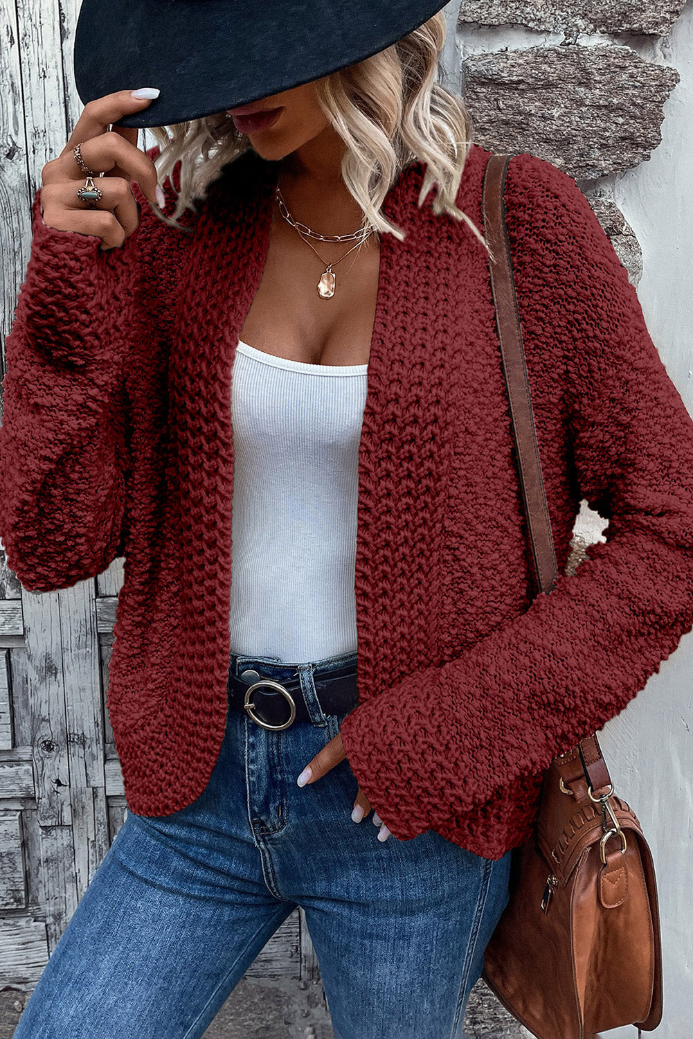 Gray Popcorn Knit Open Front Cardigan