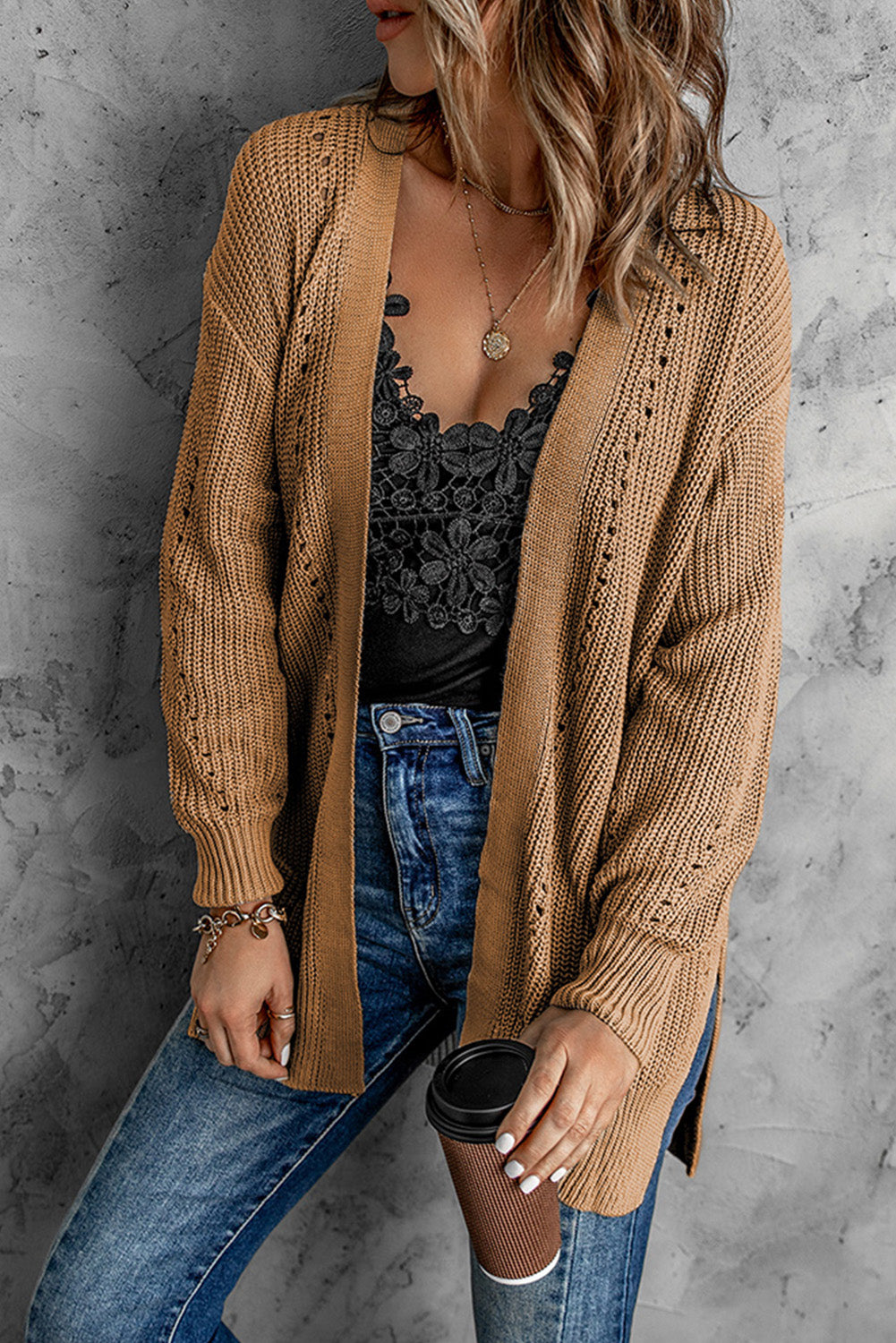 Khaki Fall Long Sleeve Long Cardigan Sweater