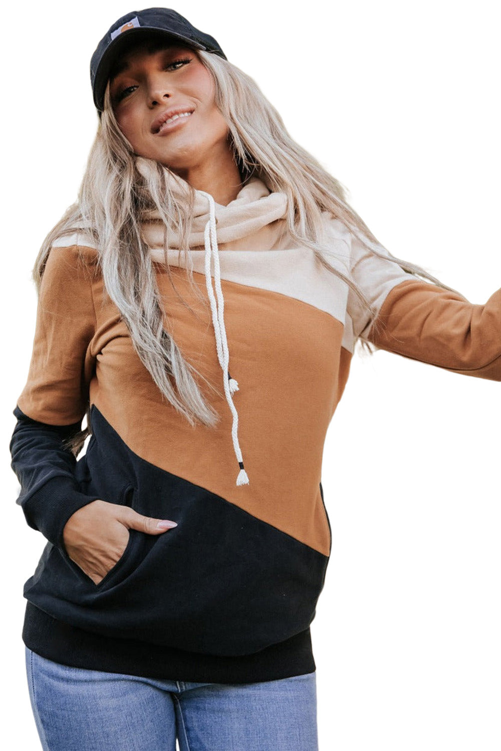 Khaki Color Block Long Sleeve Pullover Hoodie