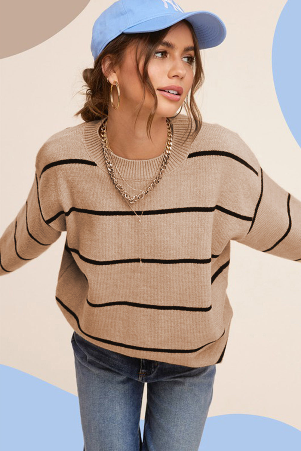 Brown Striped Ribbed Trim Contrast Knit Sweater