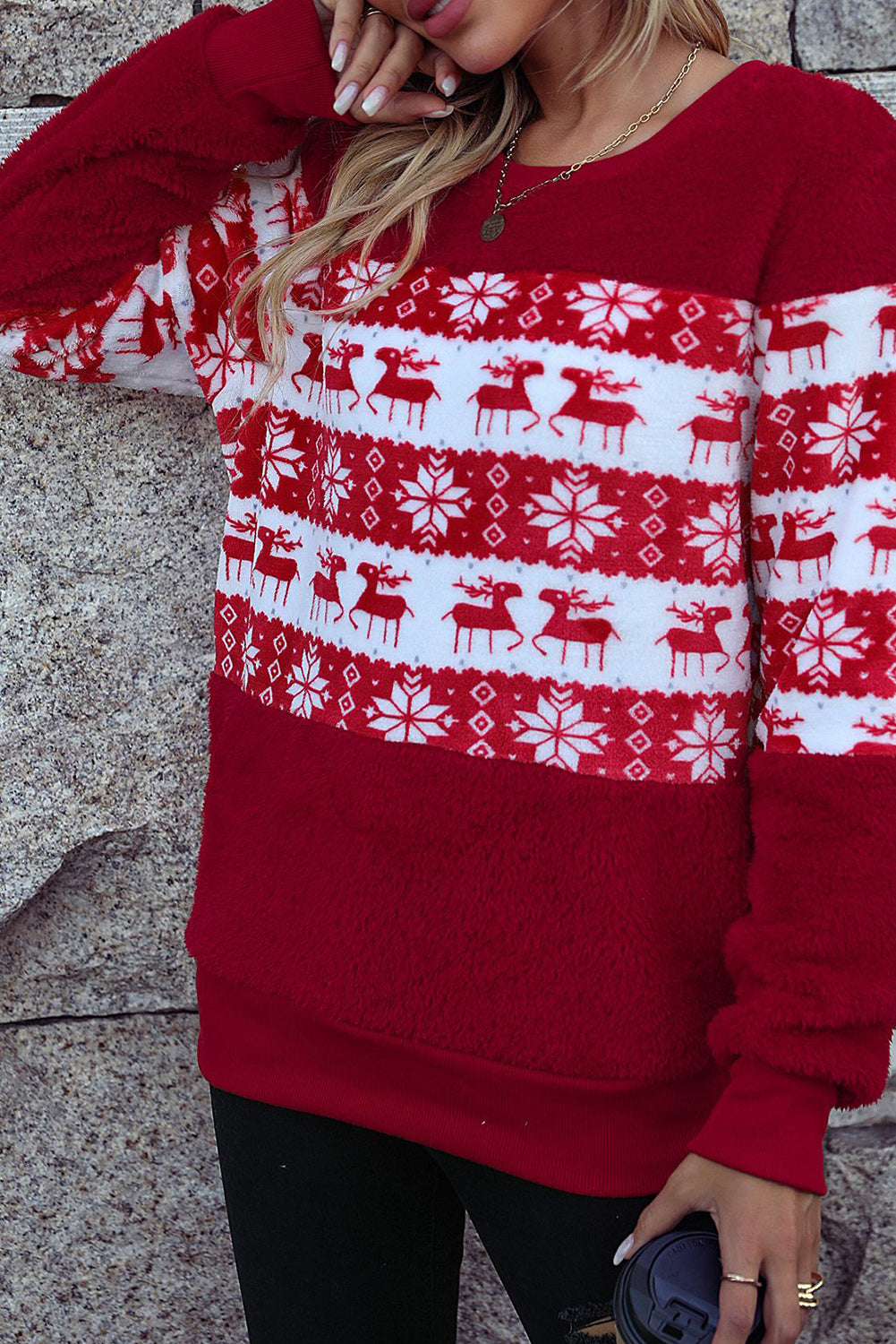 Red Christmas Reindeer Snowflake Fleece Sweatshirt