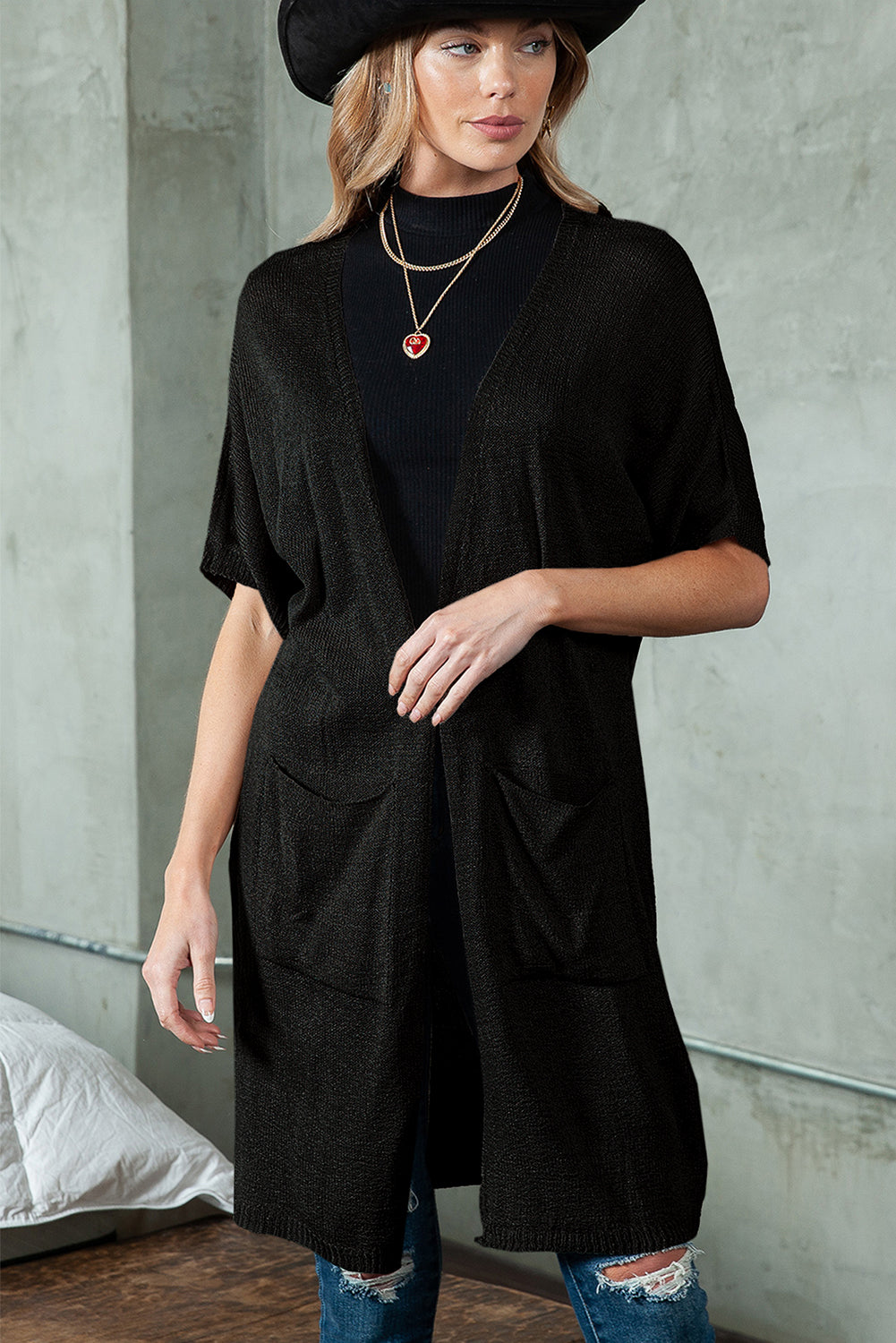 Black Dolman Half Sleeve Pocketed Long Cardigan