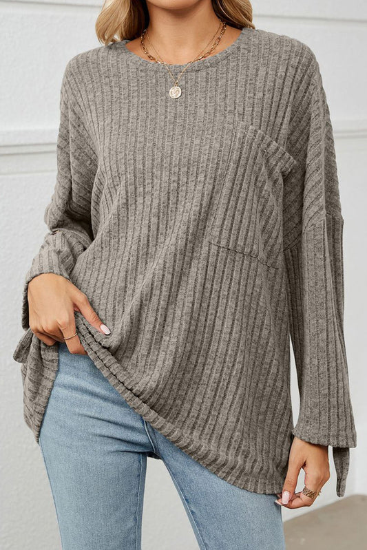 Taupe Ribbed Knit Oversized Pocketed Long Sleeve Top