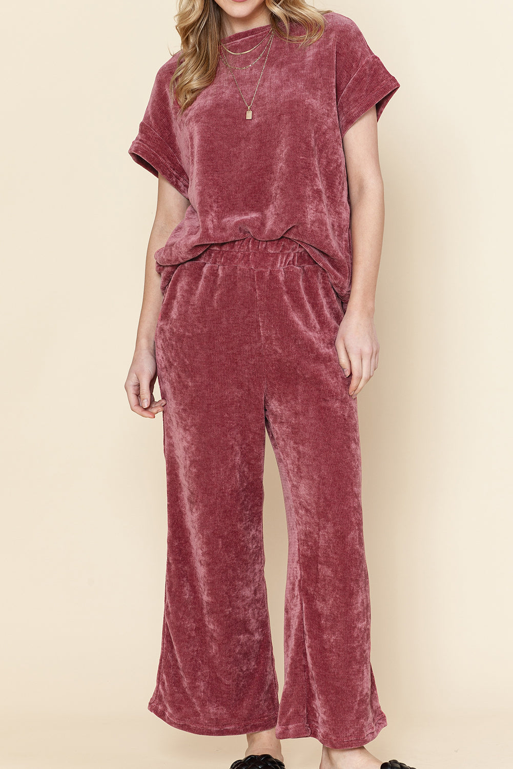 Rose Pink Mineral Wash Corduroy Short Sleeve Top and Crop Pants Set