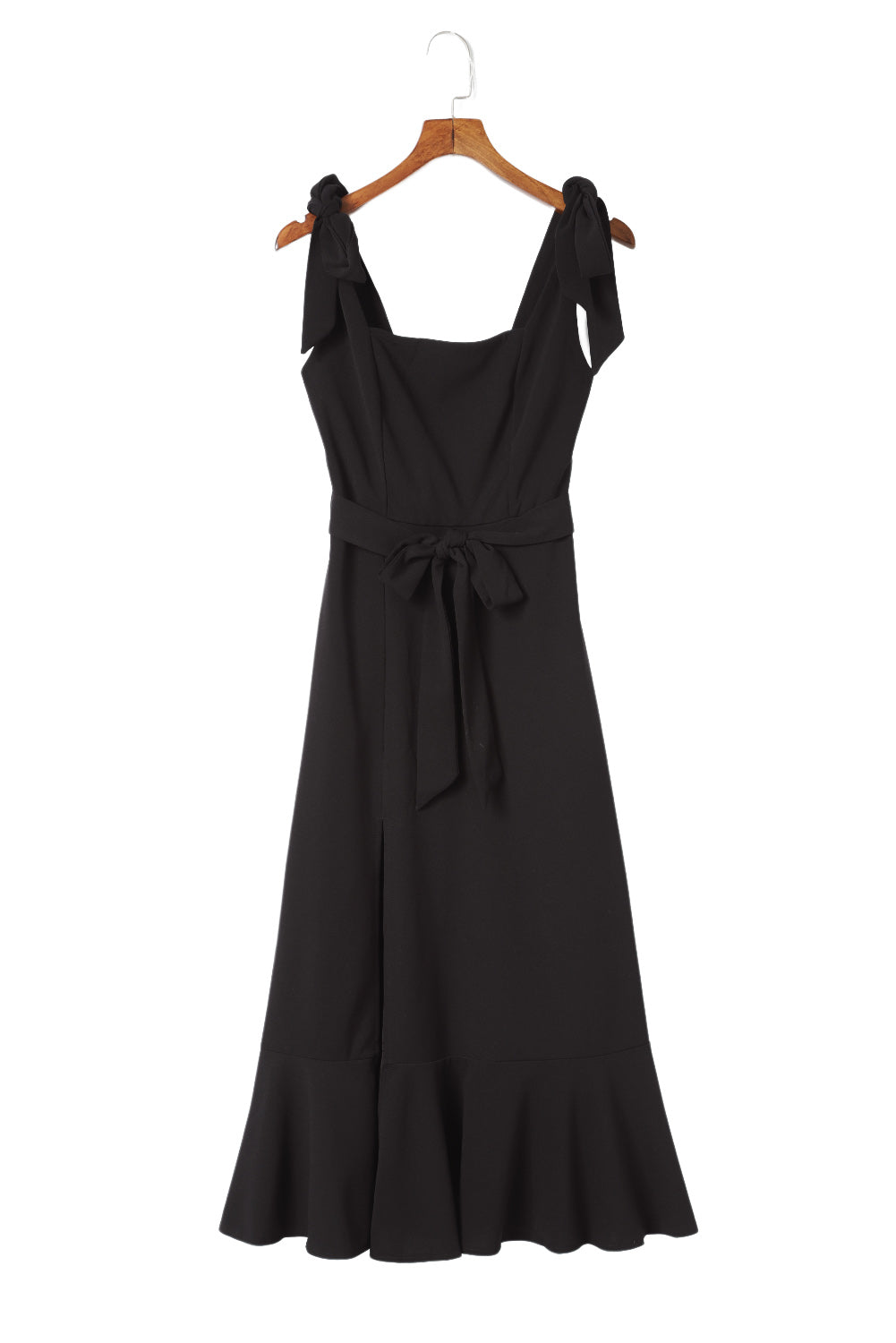 Black Tie Shoulder Smocked Back Side Slit Maxi Dress