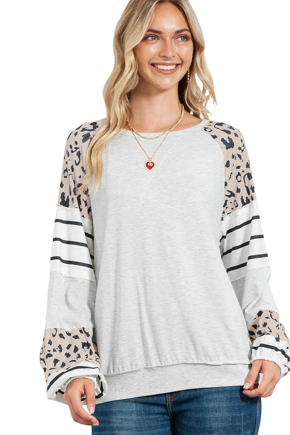 Grey Leopard Print and Striped Pullover Long Sleeve Top