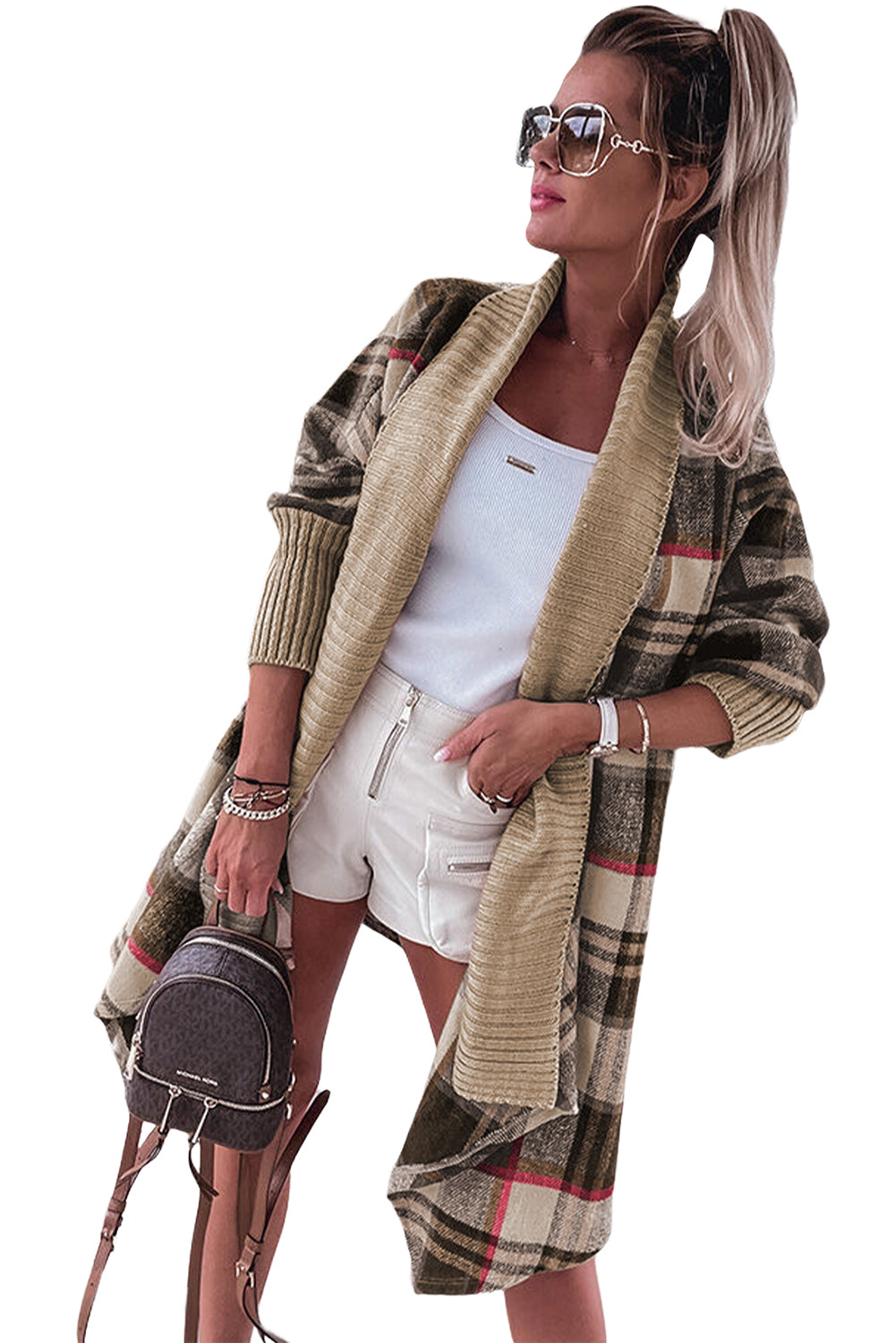 Brown Ribbed Splicing Plaid Open Front Cardigan
