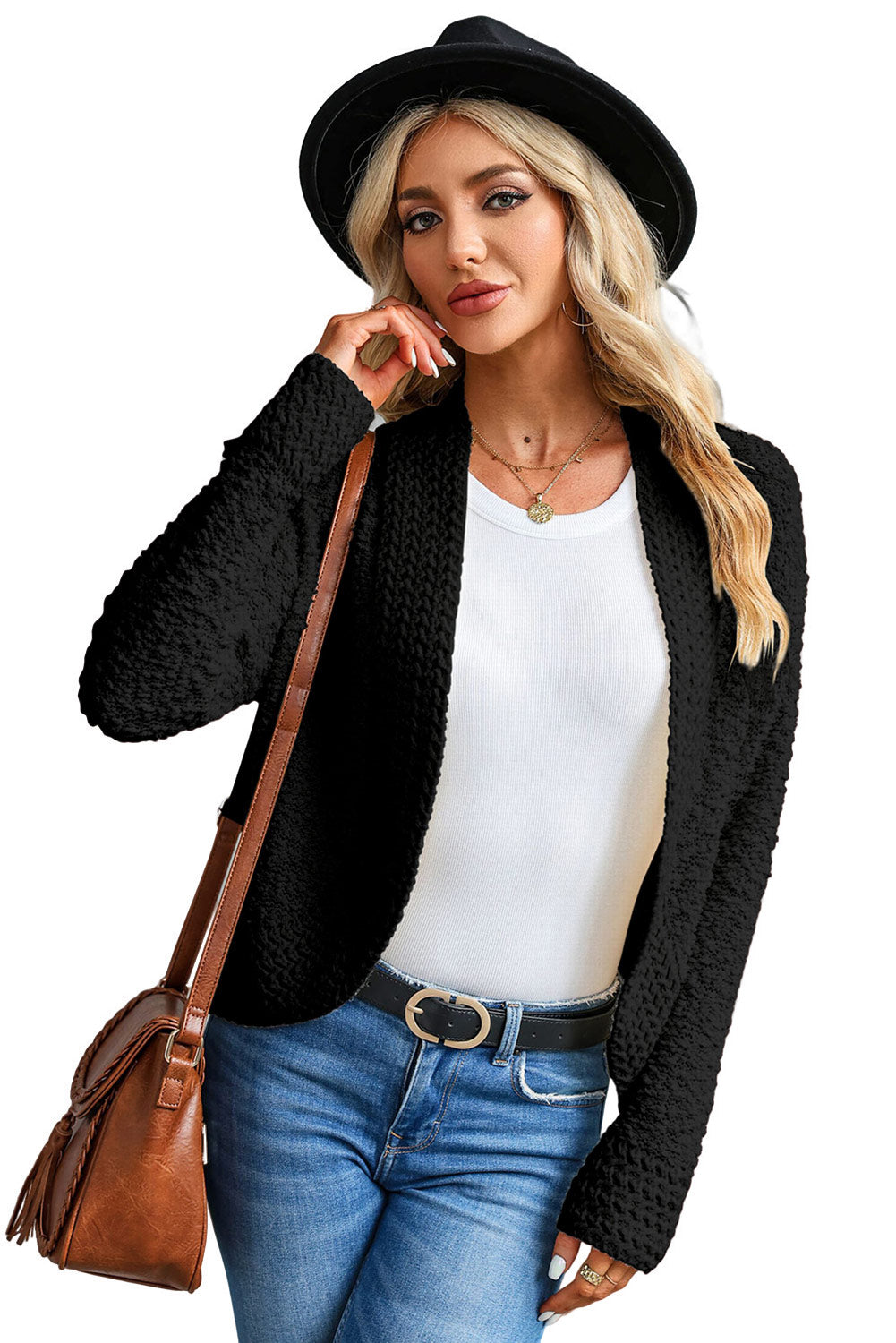 Gray Popcorn Knit Open Front Cardigan