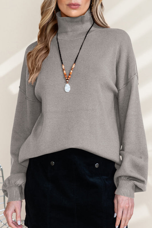 Gray Turtleneck Drop Shoulder Bubble Sleeve Knit Sweater