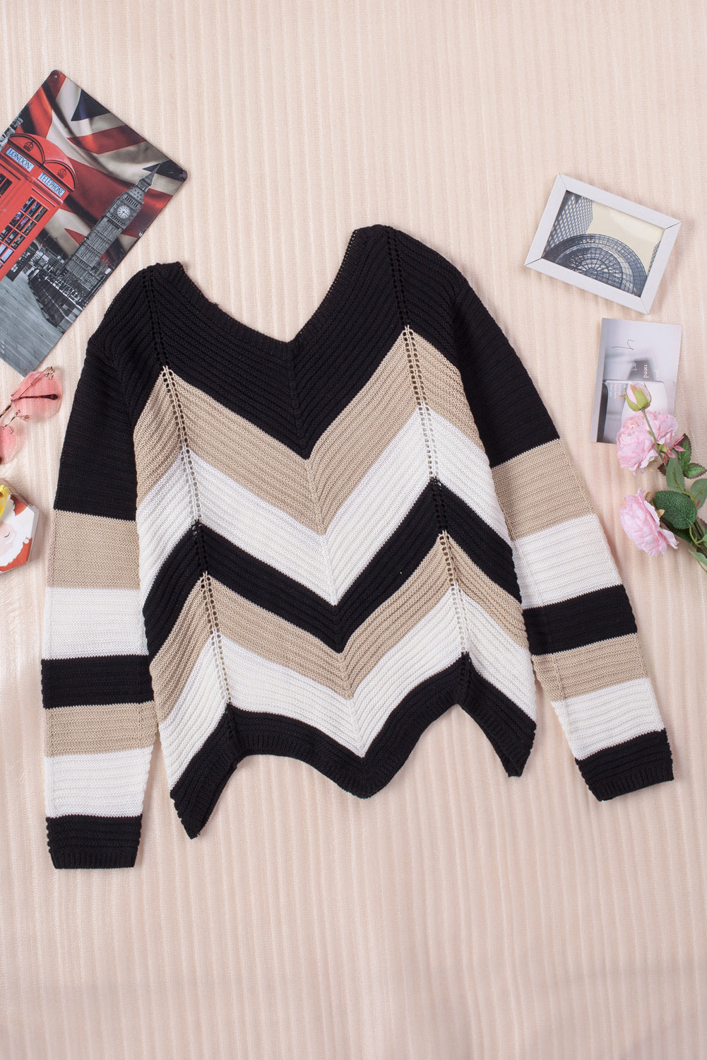 Black Chevron Colorblock Knit Sweater