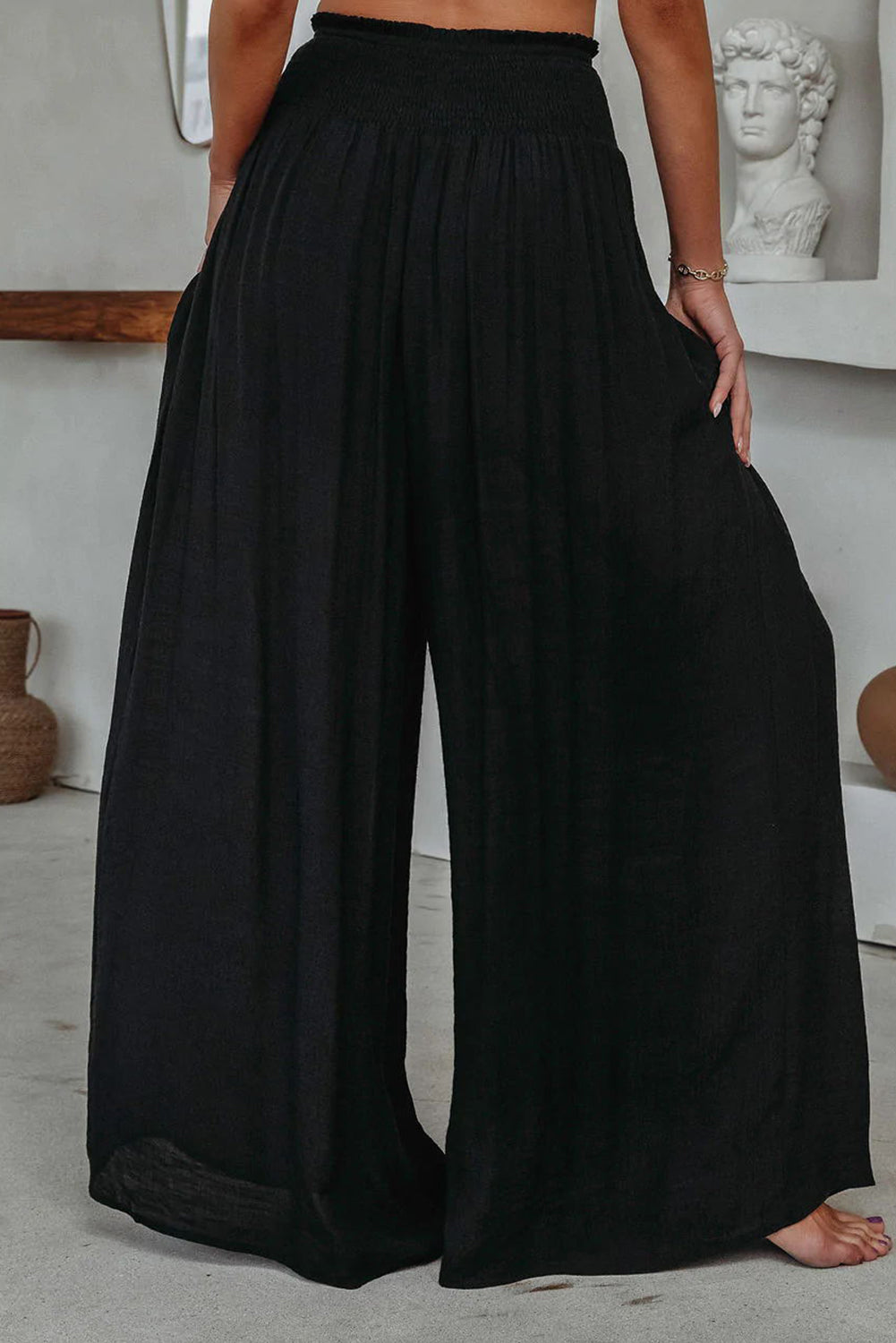 Black Smocked Pockets High Waisted Beach Pants