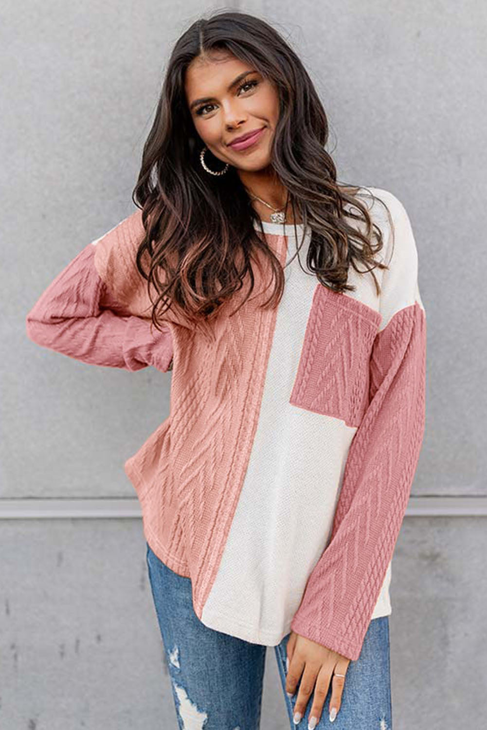 Peach Blossom Long Sleeve Patchwork Pocket Textured Knit Top