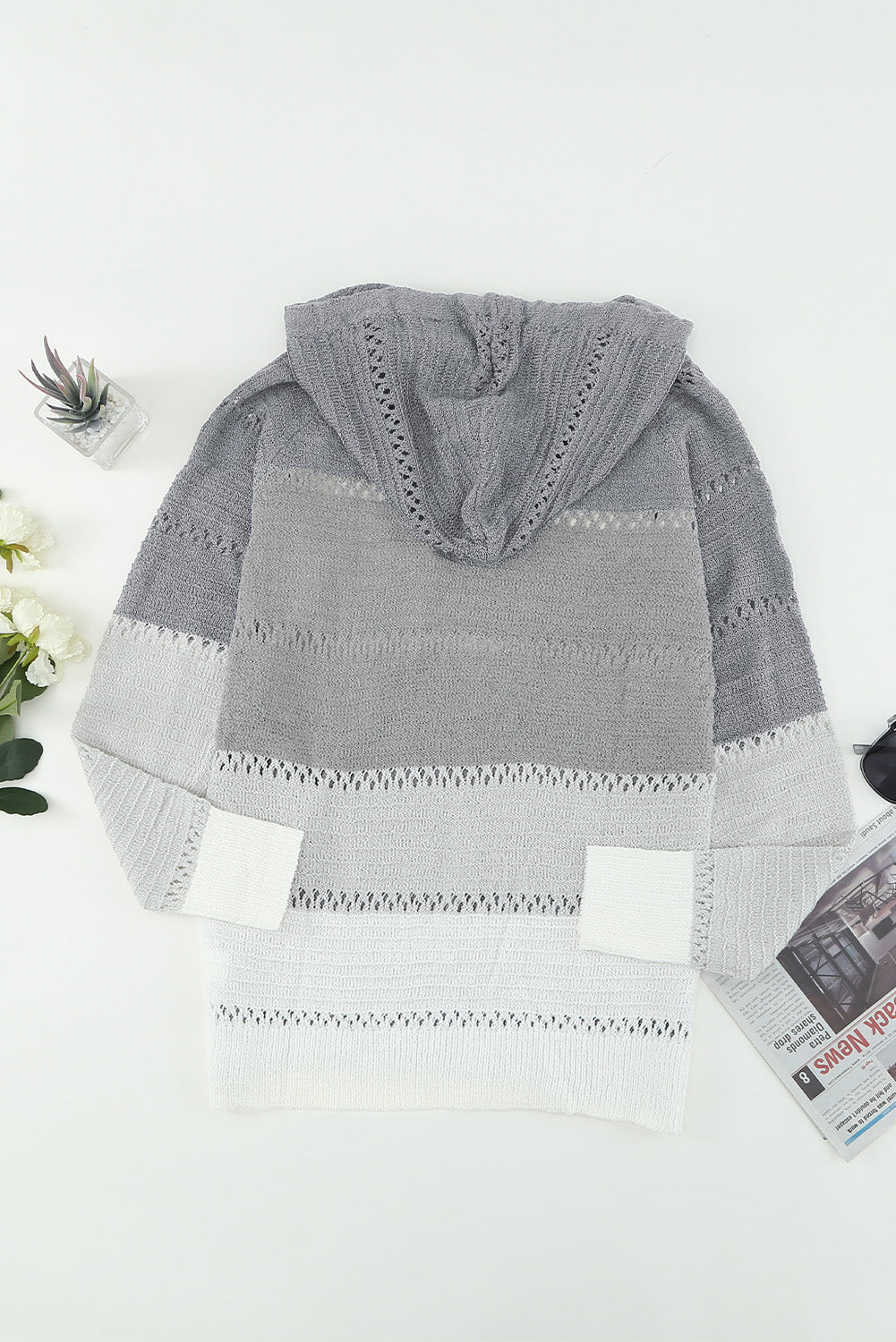 Grey Colorblock Casual Cutout Knit Hoodie Sweater