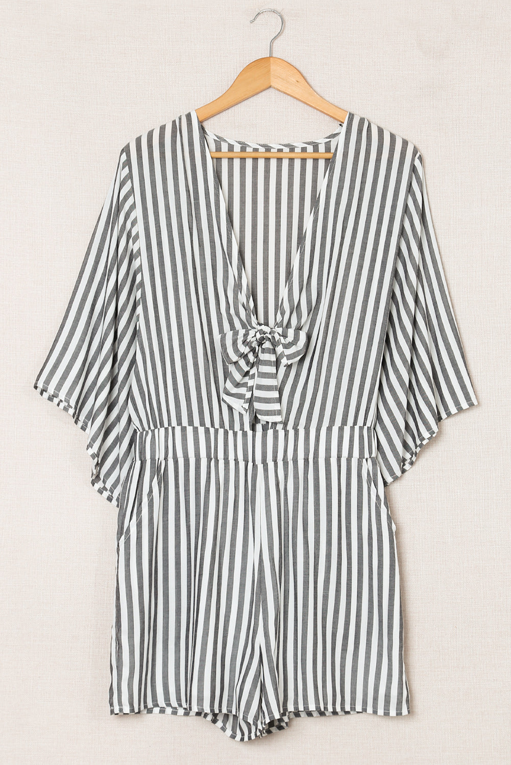 Grey Striped Print Tie Knot Front Romper With Pockets