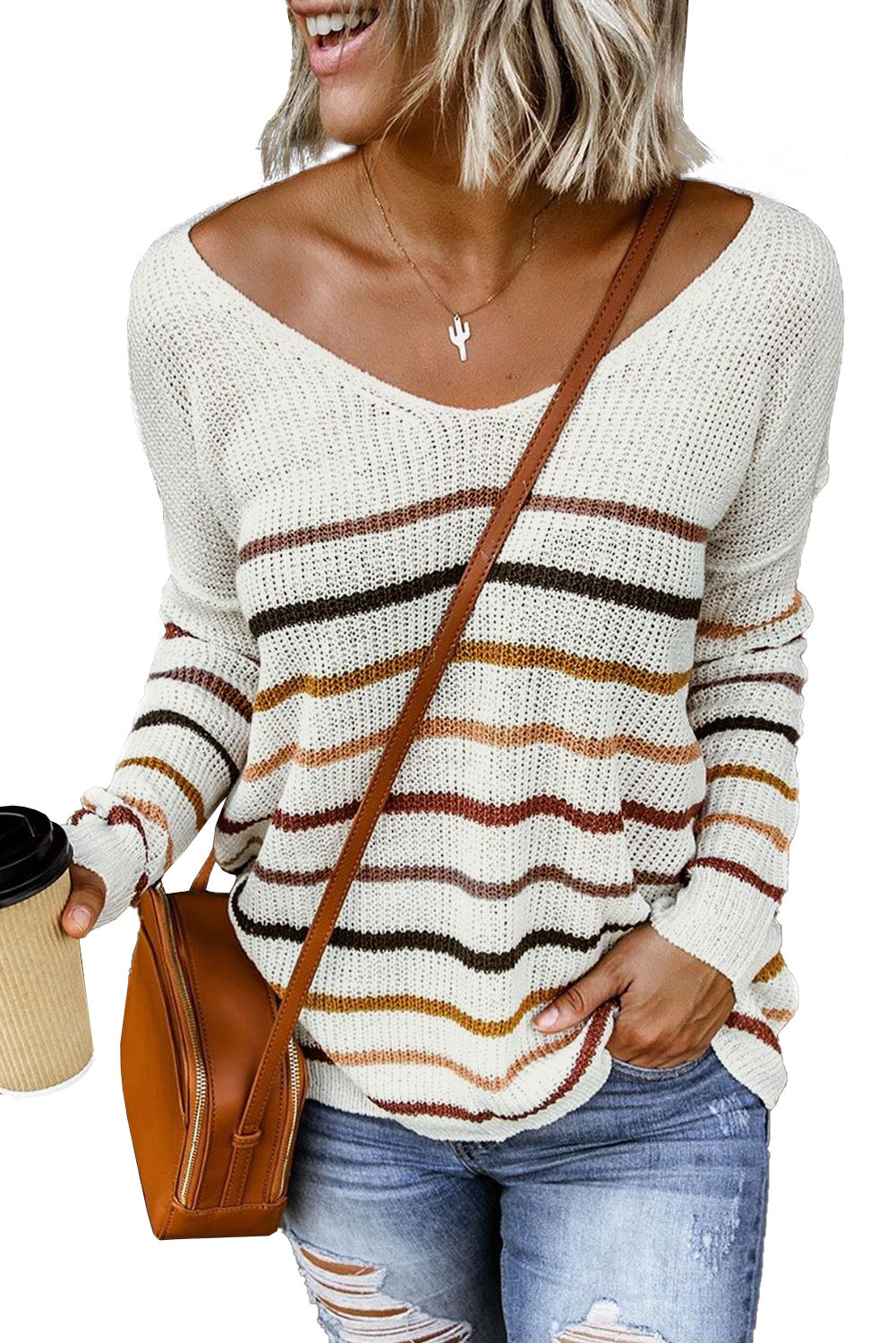 Multicolor Color Block Striped Drop Sleeve Knit Sweater