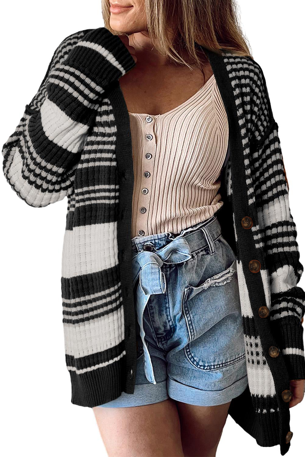 Black Striped Textured Knit Buttoned Cardigan