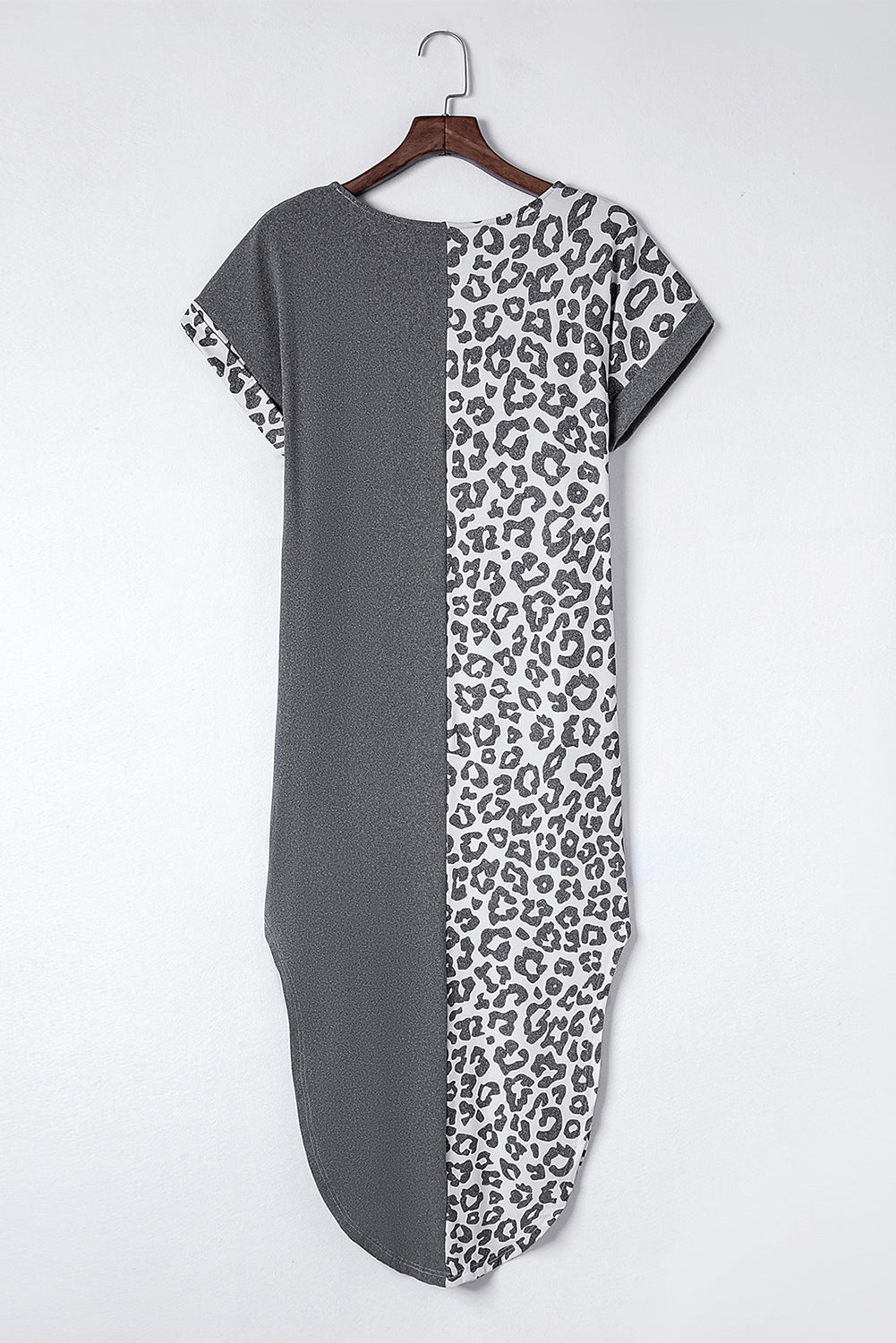 Grey Leopard Print Short Sleeve Side Slits Pocket Dress