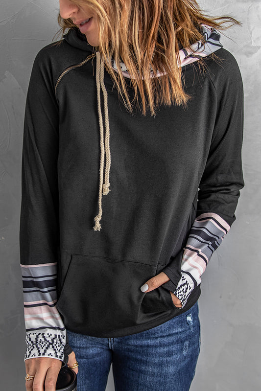 Black Raglan Sleeve Pullover Hoodie With Kangaroo Pocket