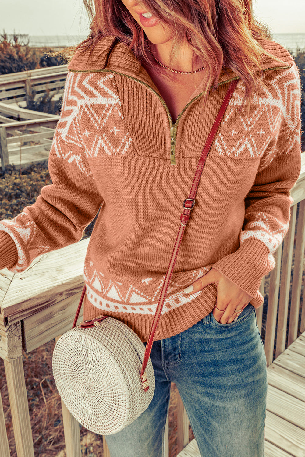 White and Black Geometric Collared Quarter Zip Sweater