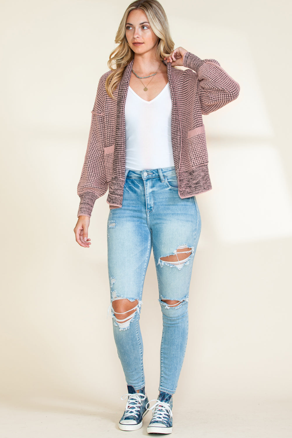 Black Chunky Knit Pockets Drop Sleeve Cardigan