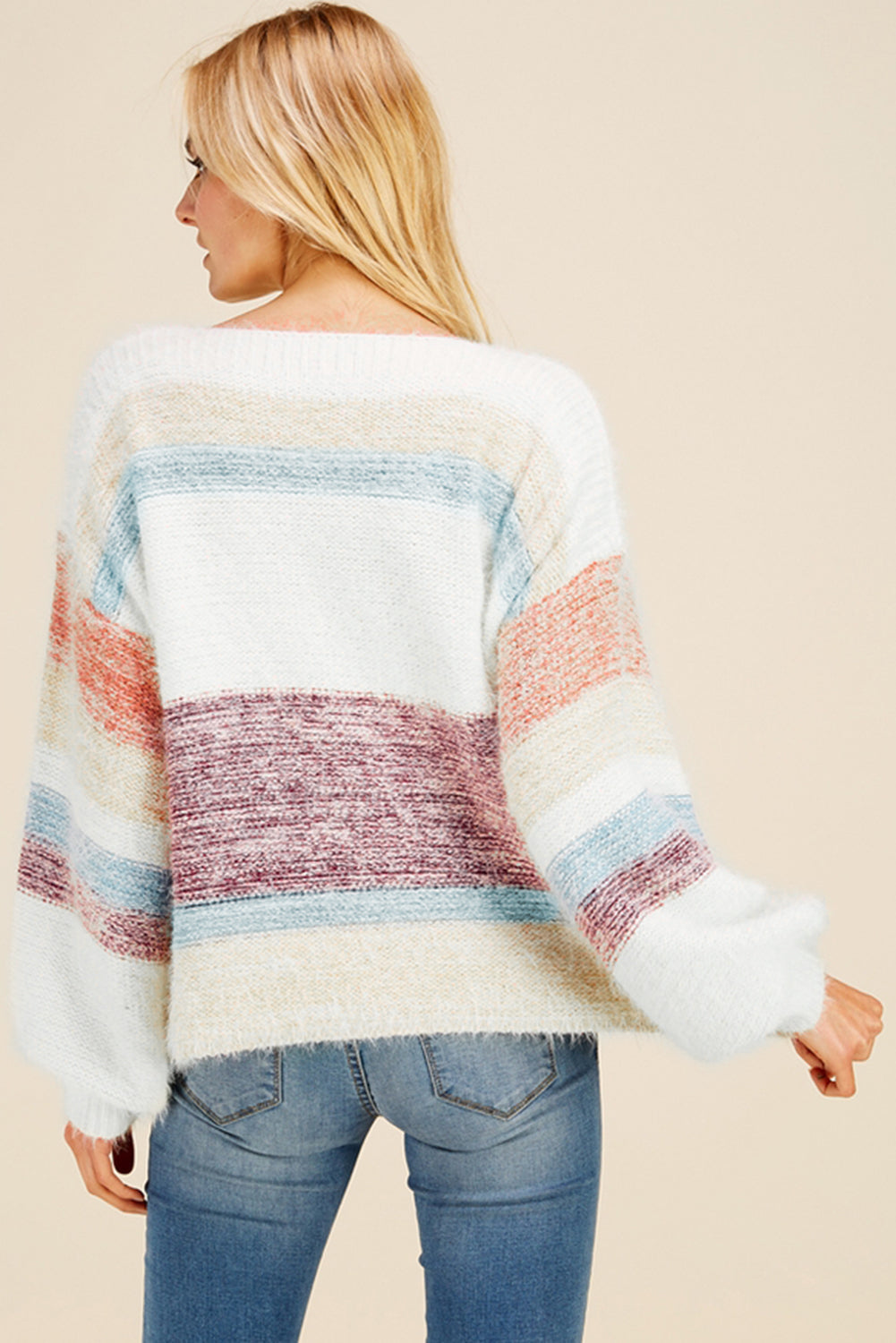 Multicolor Striped Drop Shoulder Fuzzy Sweater