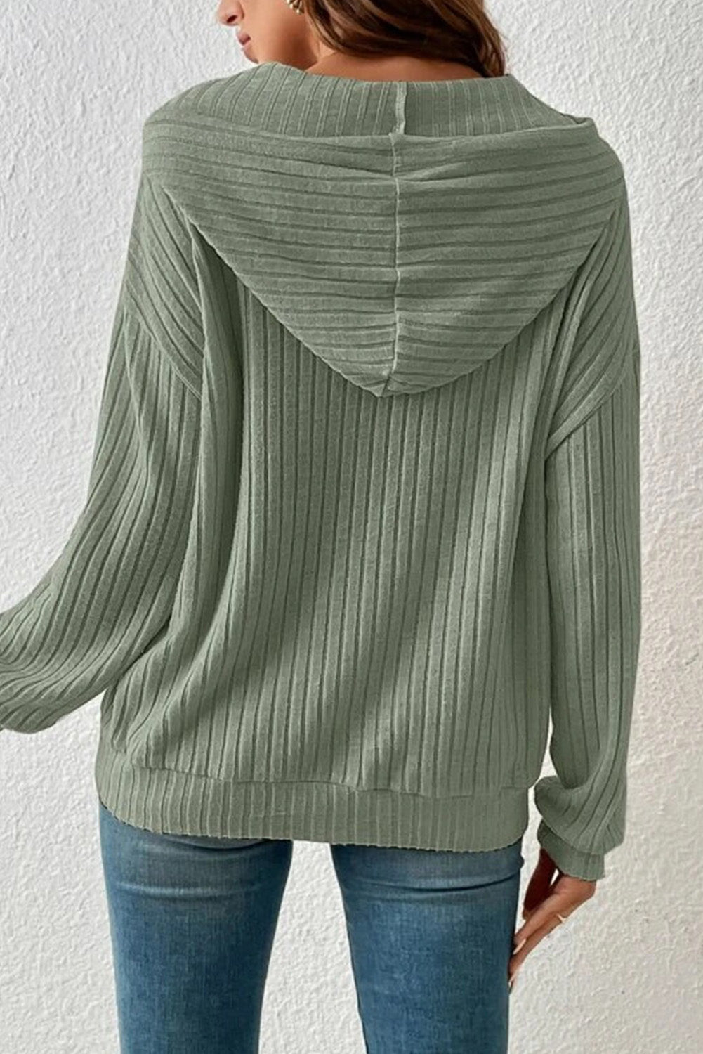 Green Pocket Wrinkle Drawstring Hooded Sweatshirt