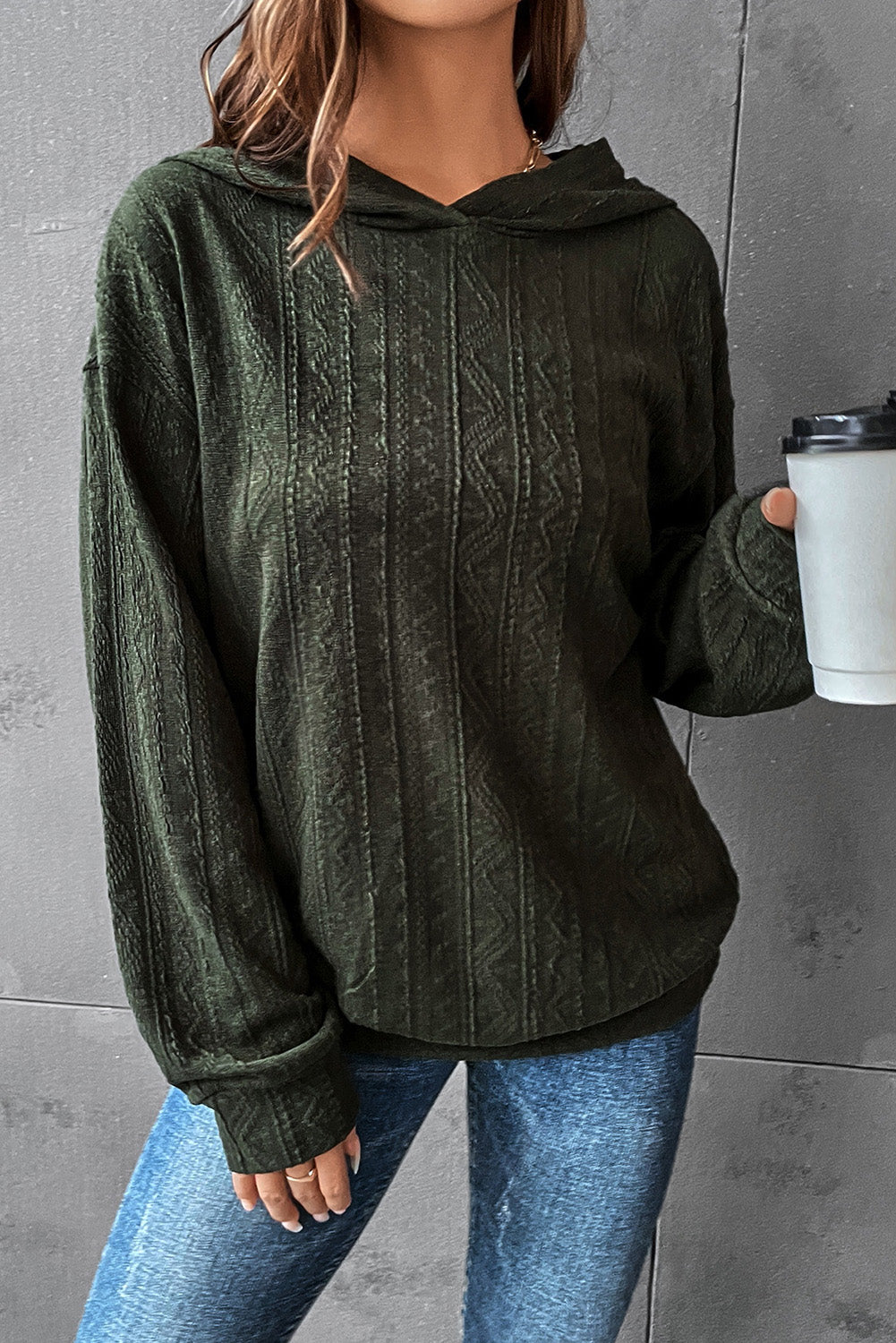 Duffel Green Casual Ribbed Knit Hooded Sweatshirt