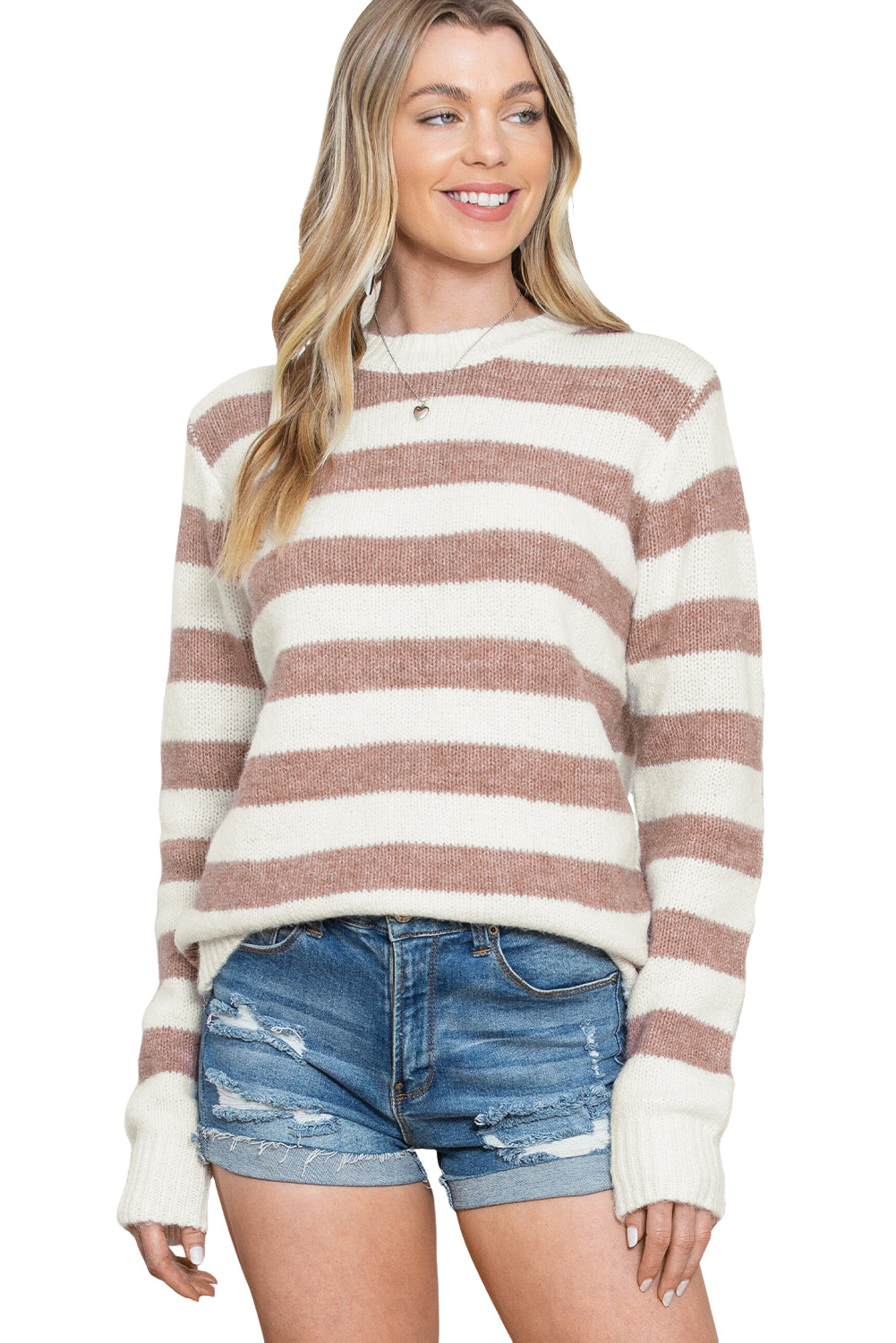 Brown Striped Colorblock Long Sleeve Casual Sweater