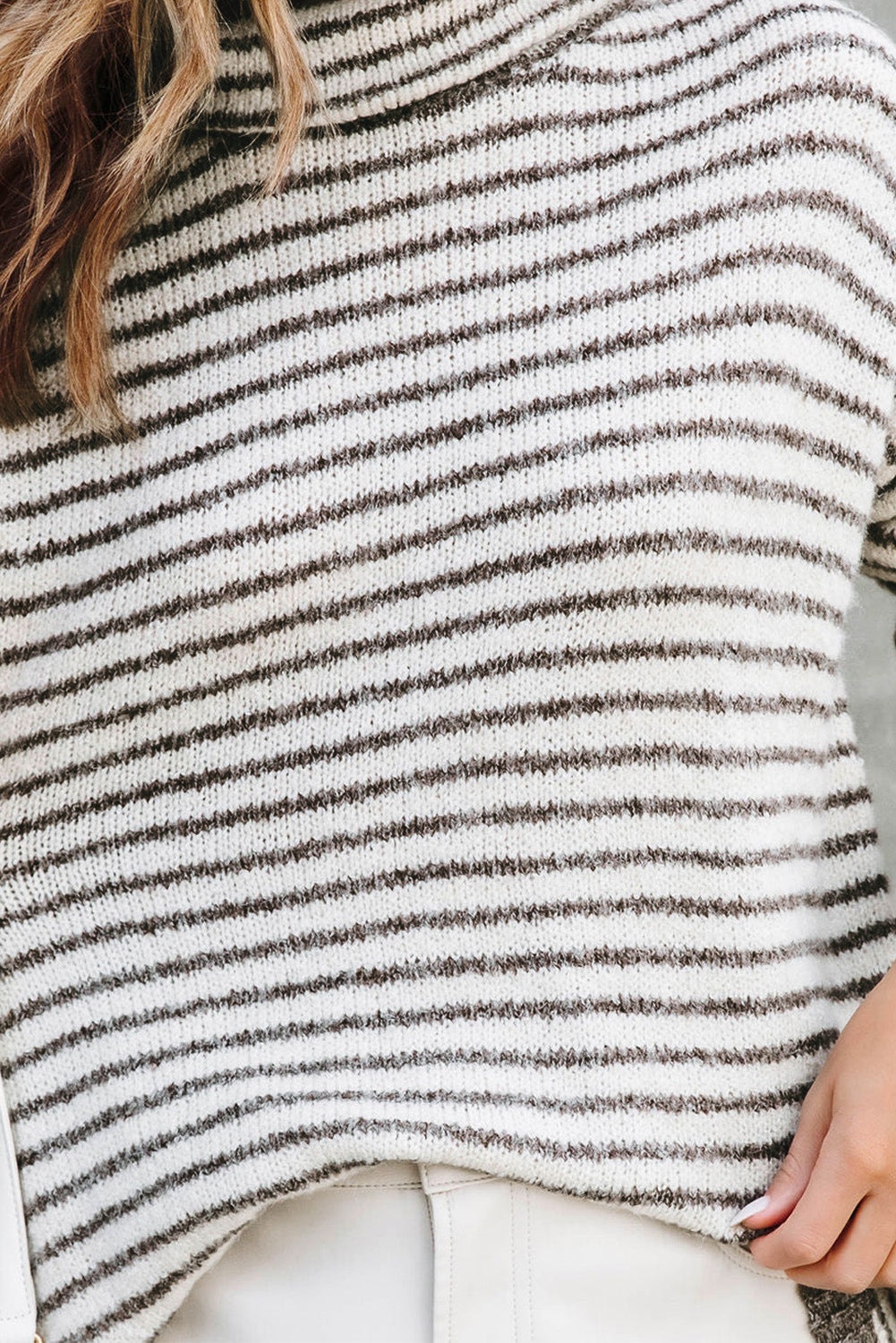 Khaki Striped Turtleneck Oversized Sweater