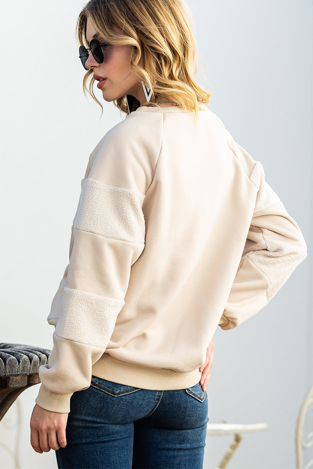 Oatmeal Patchwork Long Sleeve Pullover Sweatshirt