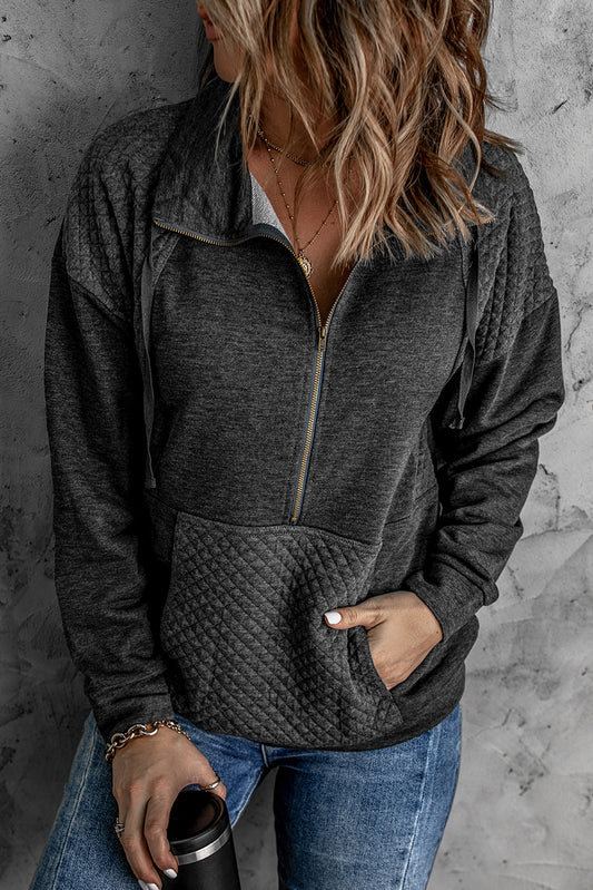 Dark Grey Quilted Kangaroo Pocket Half Zip Sweatshirt