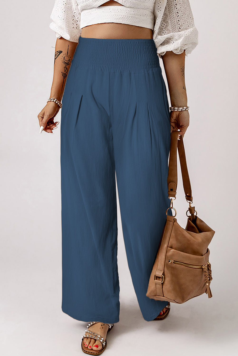 Gray Smocked Wide Waistband High Waist Wide Leg Pants