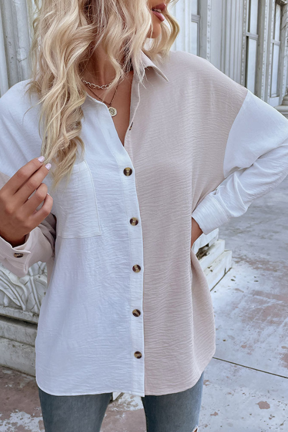 Apricot Colorblock Pocketed Button Up Textured Shirt