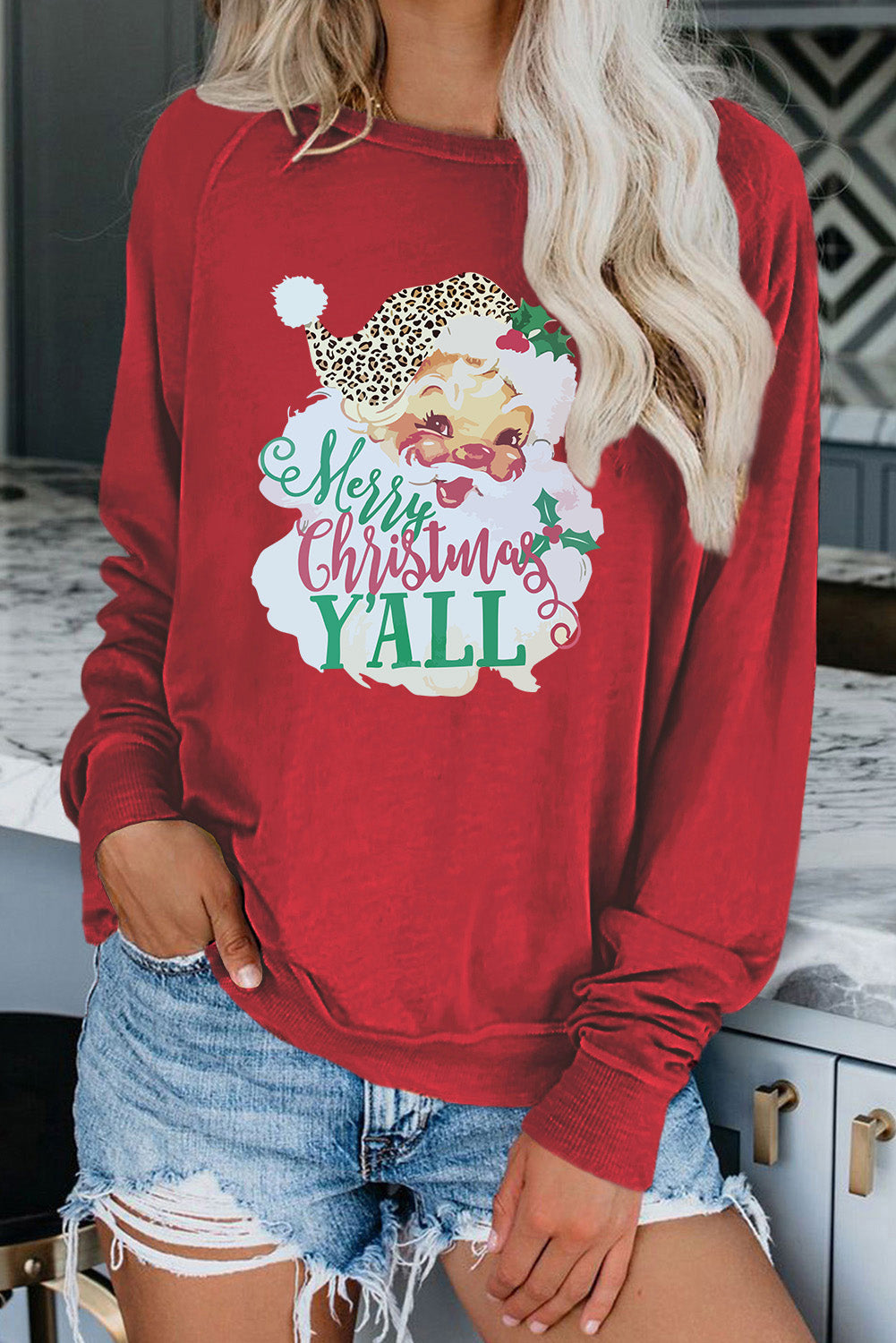 Red Merry Christmas Y’all Santa Claus Print Pullover Graphic Sweatshirt