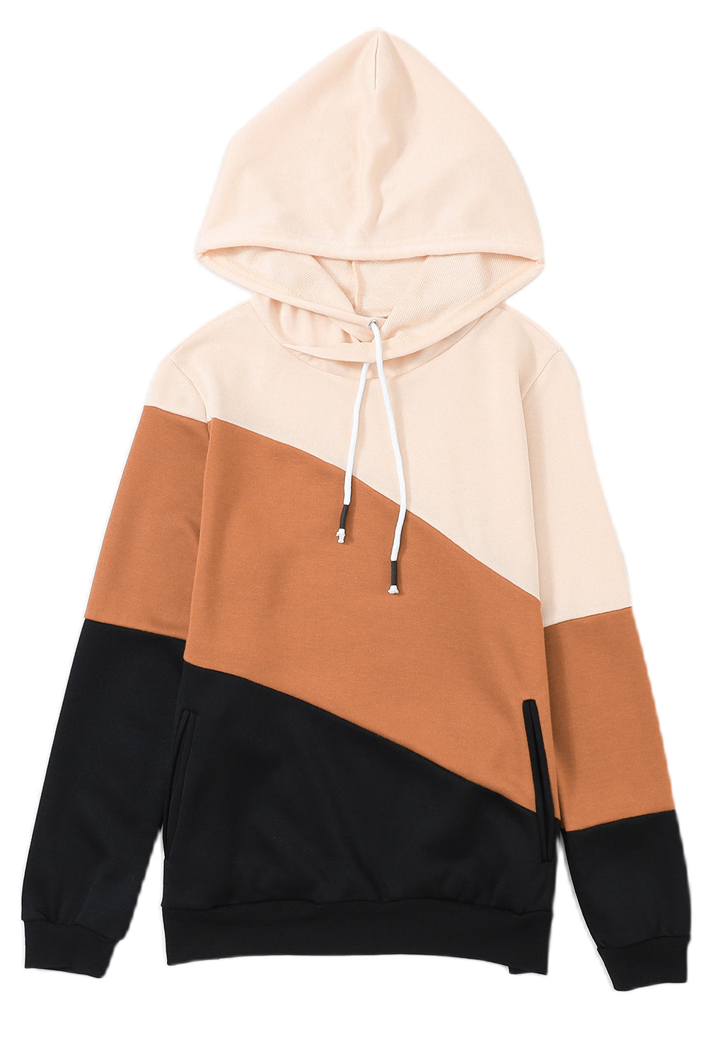 Khaki Color Block Long Sleeve Pullover Hoodie