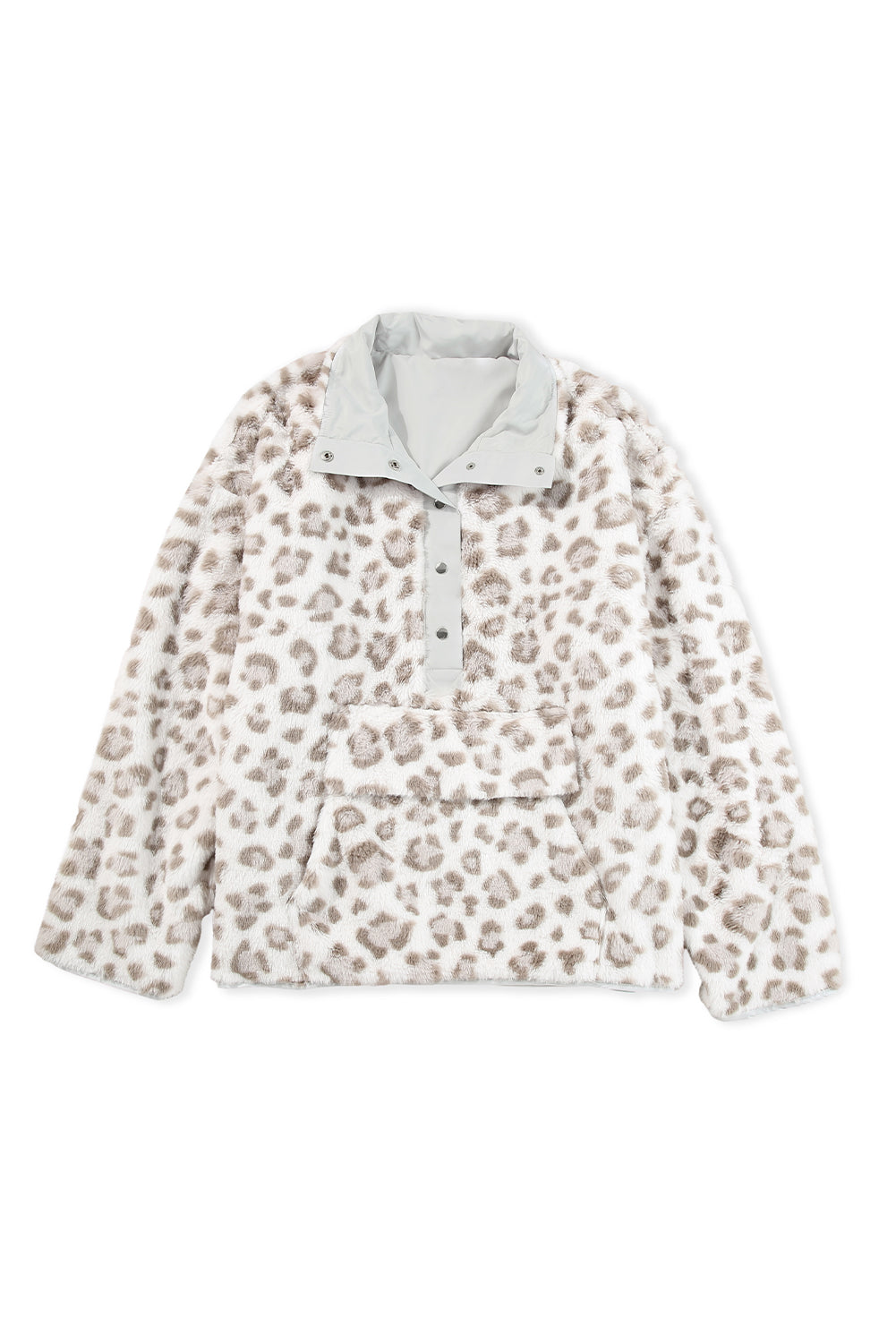 Leopard Fleece Snap Button Henly Pullover Sweatshirt