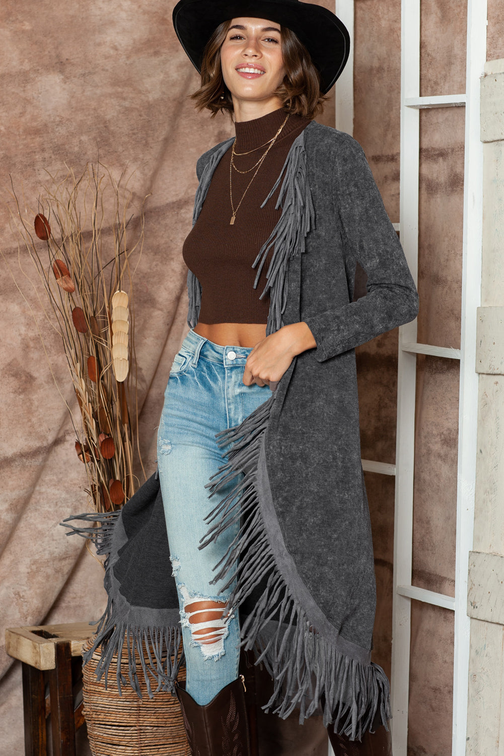 Black Mineral Washed Tassel Open Front Long Cardigan